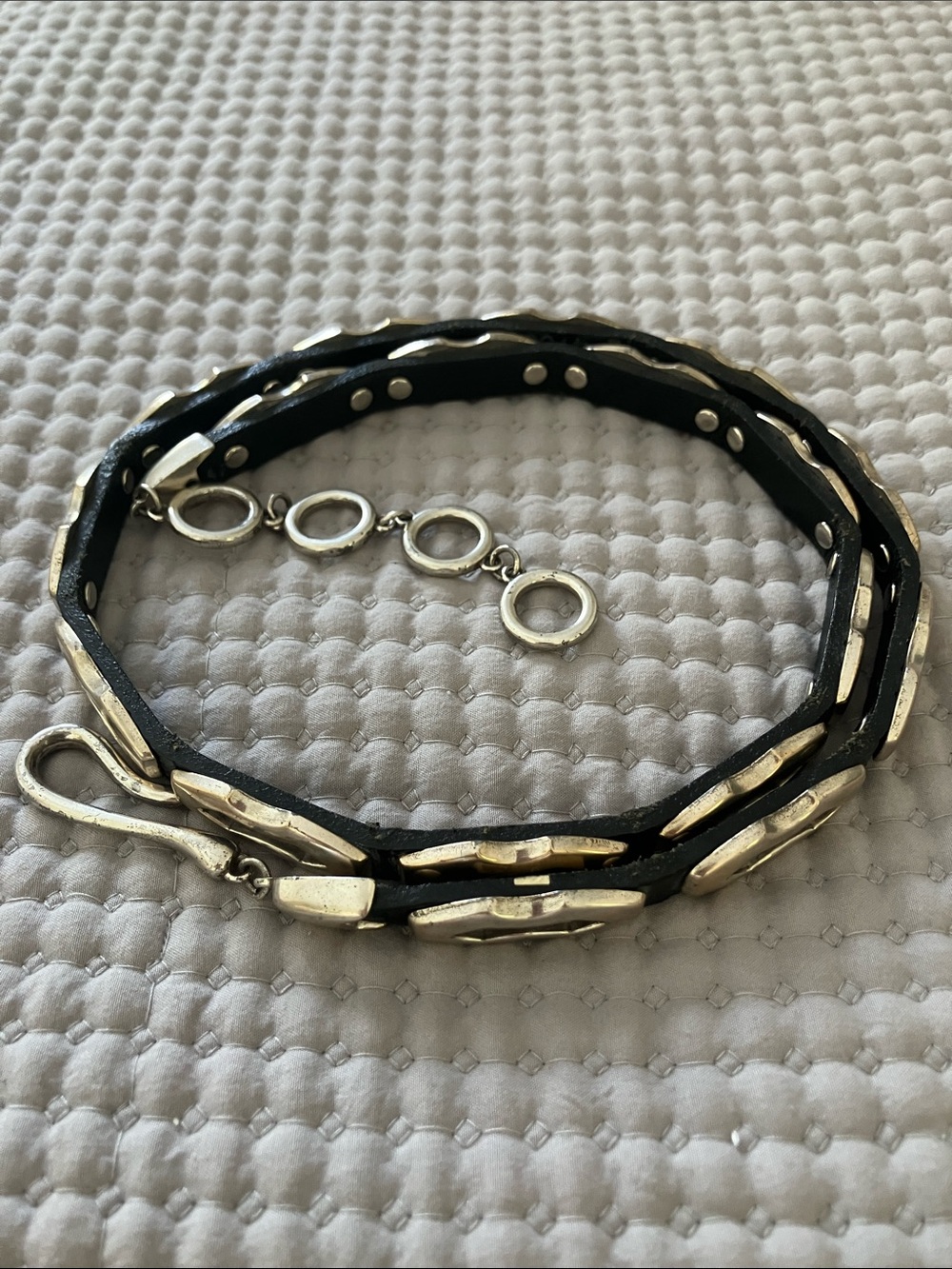 Black Leather Belt with Silver-Tone Chain Accents - Women's Accessory